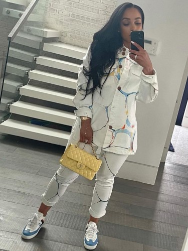 Print White Button Up Long Sleeves Blouse and Pants Two Piece Set