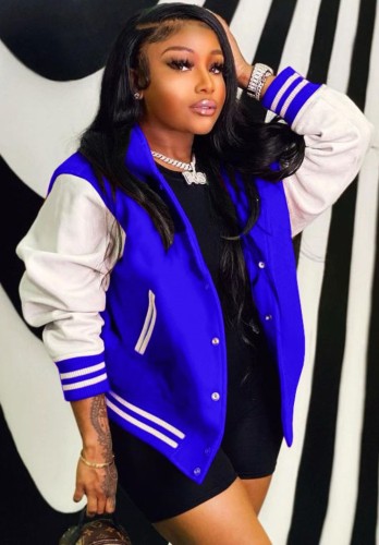 Blue and White Contrast Snap Button Baseball Jacket