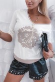 Floral White V-Neck Long Sleeves Pullover Shirt