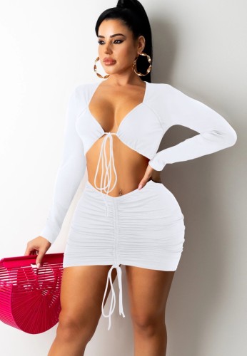 White Tie Up Cut Out Long Sleeve Ruched Mini Dress