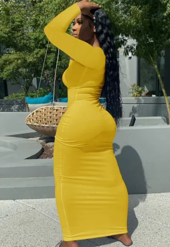 Yellow Ribbed Long Sleeves Slim Fit Dress