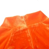 Mesh Patch Orange Velour Midi Neck Mini Fitted Dress