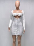 White Keyhole Lace Up Long Sleeve Mini Dress