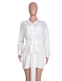 White Long Sleeve Blouse Dress with Belt