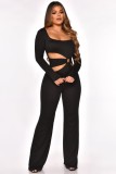 Black Hollow Out Square-Ring Long Sleeve Jumpsuit