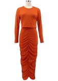 Orange Long Sleeve O-Neck Crop Top and Ruched Maxi Skirt 2PCS Set