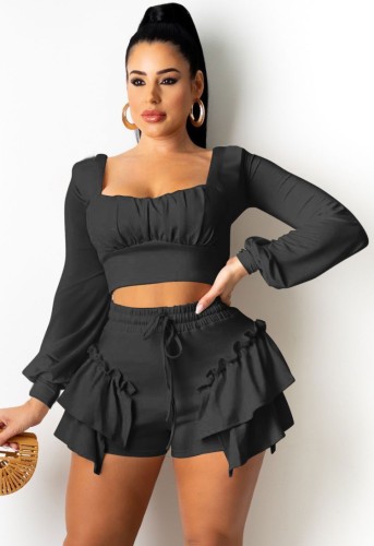 Black Square Neck Crop Top and Ruffle Drawstring Shorts Two Piece Set