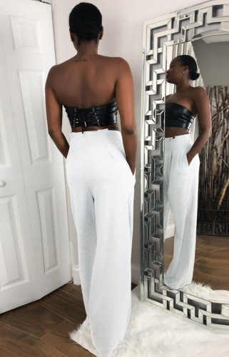 White High Waist Wide Leg Trousers with Pocket