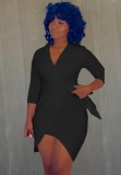 Black 3/4 Sleeve Turndown Collar Irregualr Blazer Dress With Belt
