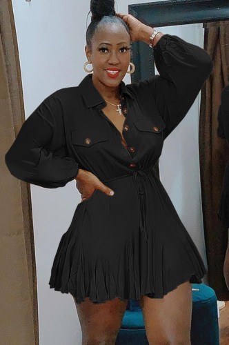Black Button Up Turndown Collar Drawstring Mini Shirring Dress
