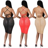 Rhinestone Red Cami Backless See Through Midi Dress