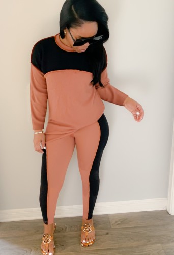 Black and Pink Contrast Long Sleeve Top and Pants Two Piece Set