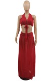 Red Halter Backless Bra and Maxi Skirt Two Piece Set