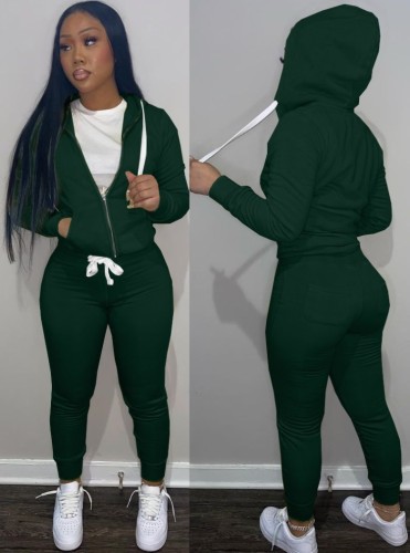 Green Long Sleeves Drawstring Hoody Top and Pants Two Piece Set