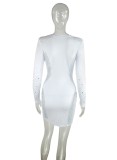 White Mesh Patch Beaded Deep-V Long Sleeve Mini Dress