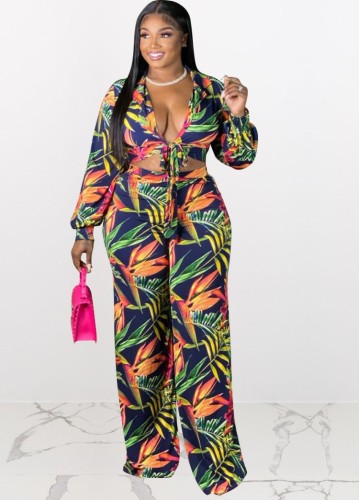Print Knotted Crop Top and High Waist Pants Two Piece Set