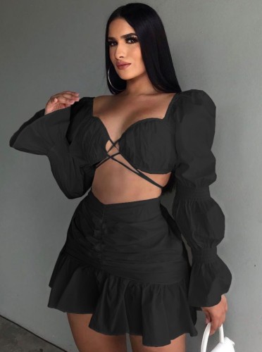 Black Bubble Sleeve Crop Top and Ruched Shirring Skirt 2PCS Set