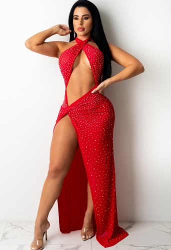 Red Beaded Cut Out Cross Halter Backless Slit Maxi Dress