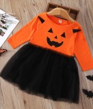 Kids Girl Devil Print Orange O-Neck Halloween Dress