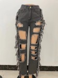 Dark Grey Fringe Ripped Jeans