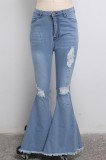 Lt-Blue Ripped High Waist Flare Jeans