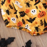 Baby Girl Pumpkin Print Ruffle Long Sleeve Halloween Rompers