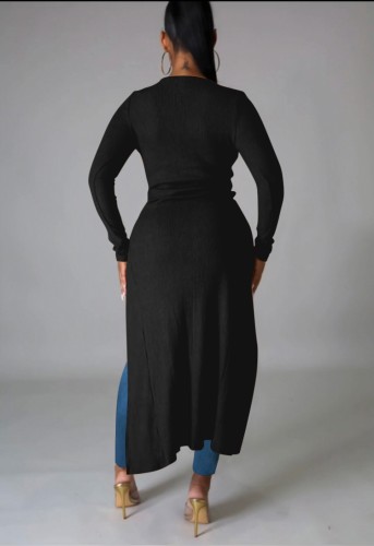 Black Ribbed Button Long Sleeve Long Rope Dress