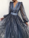 Sequin Blue V-Neck Long Sleeve Prom Dress