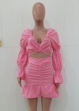 Pink Bubble Sleeve Crop Top and Ruched Shirring Skirt 2PCS Set