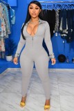 Check Collar and Cuff Patchwork Grey Zipper Up Jumpsuit