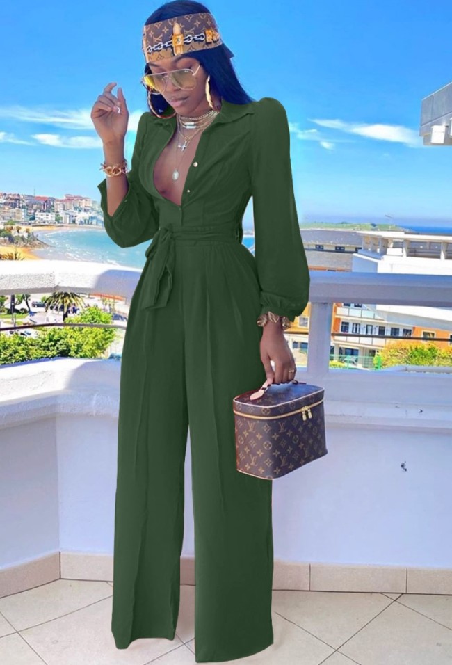Green Button Up Turndown Collar Blouse Jumpsuit with Belt