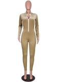 Green Ribbed Zip Up Long Sleeves Fitted Jumpsuit