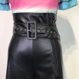 Black Pu Leather High Waist Wide-Leg Pants With Belt