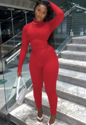 Red Turtleneck Long Sleeve Irregular Top and Tight Pants Two Piece Set
