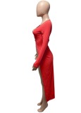 Red Ribbed Button Long Sleeve Long Rope Dress