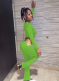 Green Long Sleeve O-Neck Crop Top and Hole Pants Two Piece Set