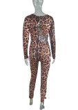 Leopard O-Neck Lace Up Skinny Jumpsuit