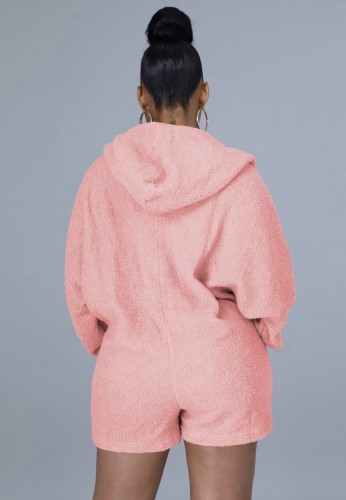 Pink Zipper Up Long Sleeve Hoody Rompers with Pocket