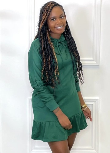 Green Long Sleeve Frill Hem Midi Drawstring Hoody Dress