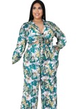 Plus Size Floral Knotted Long Sleeve Blouse and Wide Pants 2PCS Set