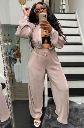 Pink Button Up Turndown Collar Blouse and Pants 2PCS Set