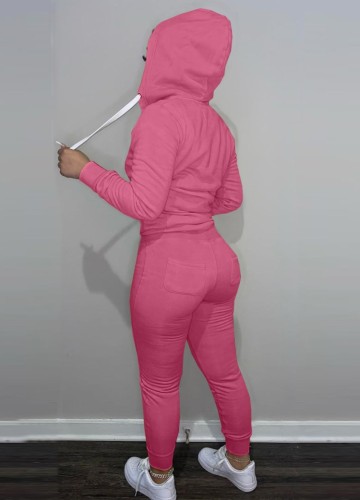 Pink Long Sleeves Drawstring Hoody Top and Pants Two Piece Set