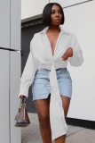 White Deep-V Ruched Shirring Blouse