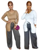Khaki V-Neck Top and Contrast Color Wide Pants Two Piece Set