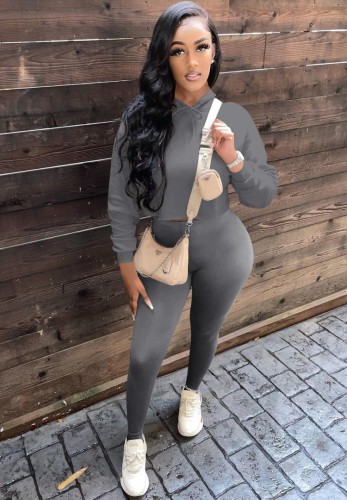 Grey Long Sleeve Hoody Top and Fitted Pant 2 Piece Set