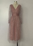 Sequin Pink V-Neck Long Sleeve Prom Dress