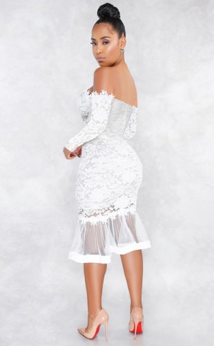 White Lace Off Shoulder Midi Mermaid Dress
