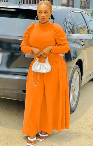 Orange Puff Sleeve High Neck Maxi Dress