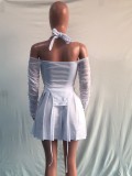 White Halter Ruched Zipper Up Crop Top and Mini Pleated Skirt Two Piece Set