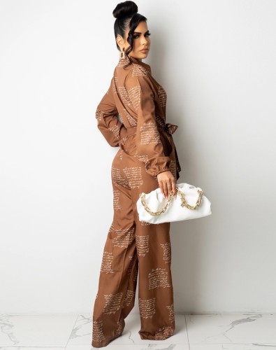 Letter Print Brown Button Up Stand Collar Loose Jumpsuit with Belt